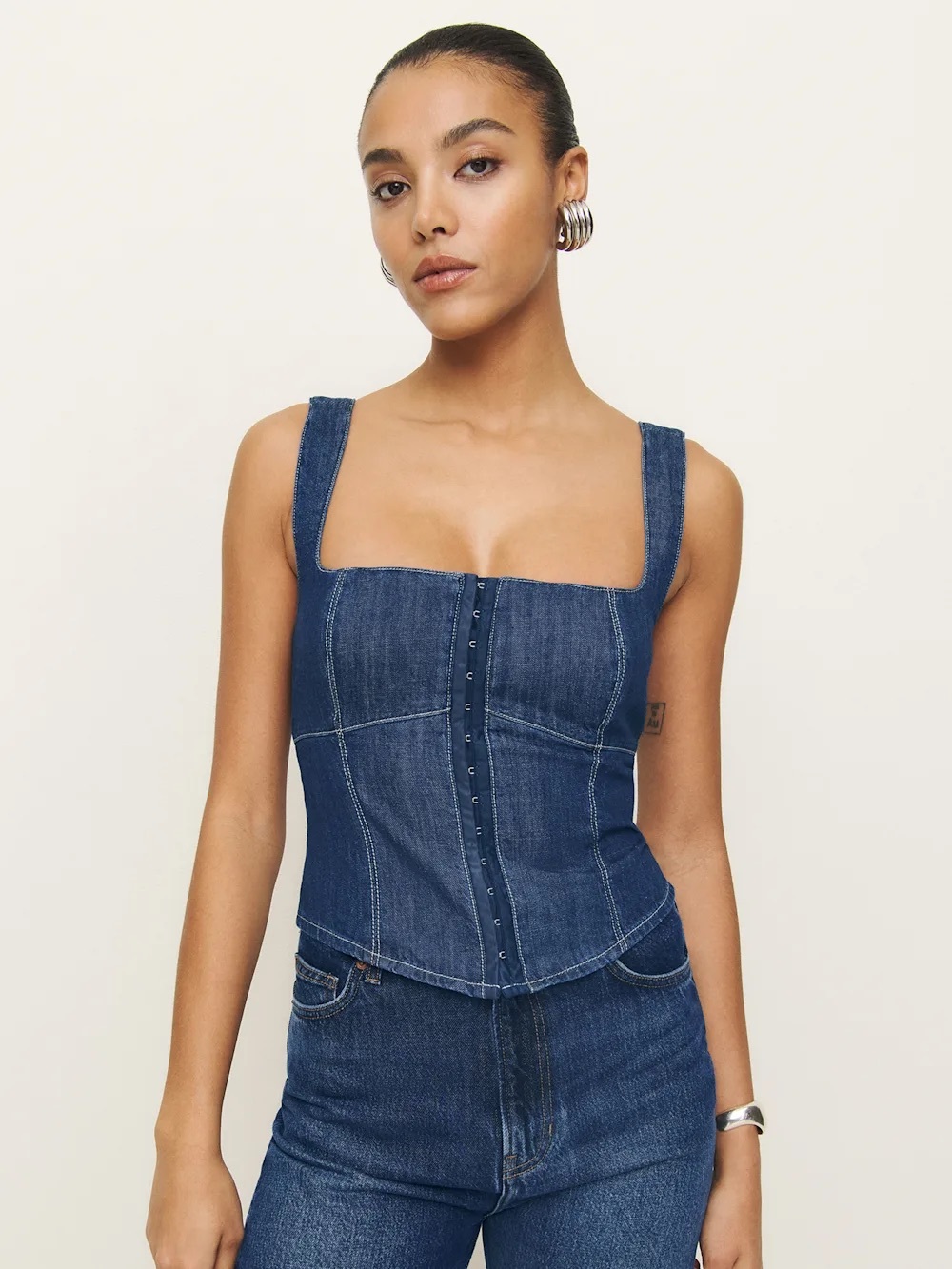 Reformation Tagliatelle Dark Blue Denim Corset Tank